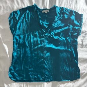 River + Sky Teal V-Neck Short Sleeve Top with Frayed Trim